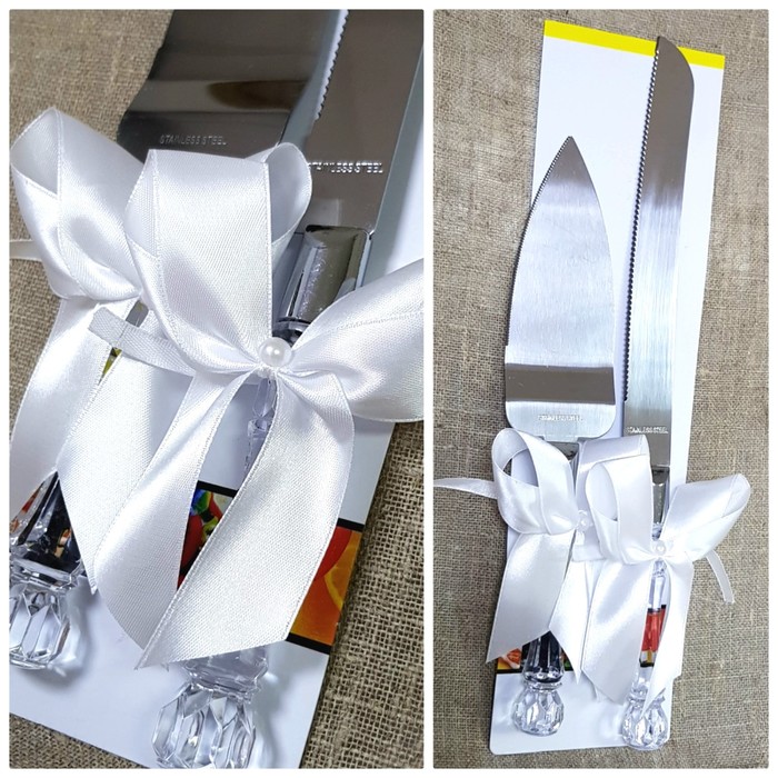 Набор "Свадебный" для торта с белым бантом: нож и лопатка