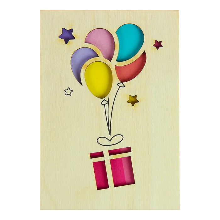 Открытка деревянная "Подарок на шариках"