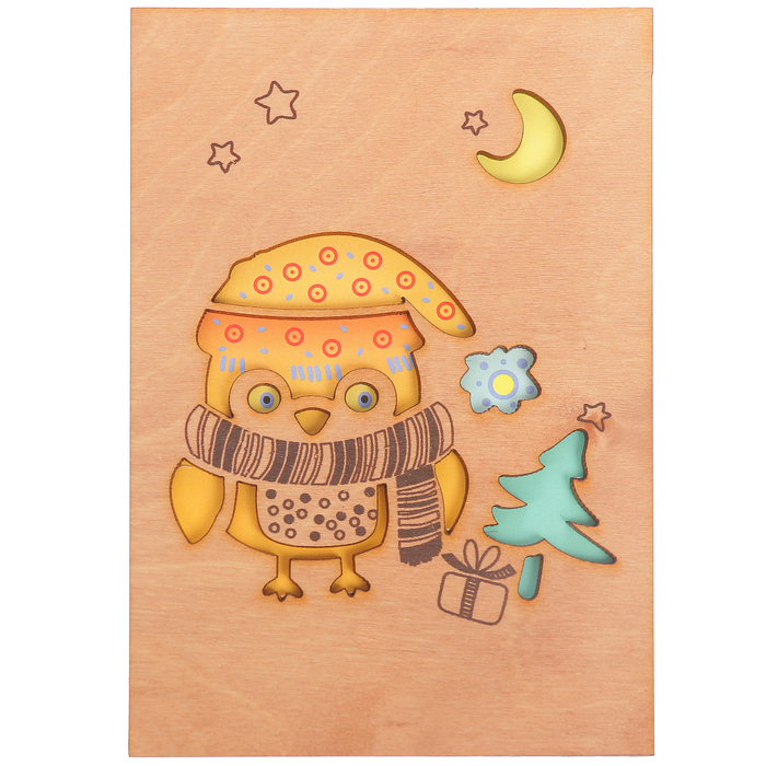 Открытка деревянная "Сова с ёлочкой"