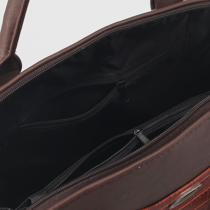 Сумка женская, 2 отдела с перегородкой на молнии, наружный карман, крокодил, цвет рыжий/коричневый