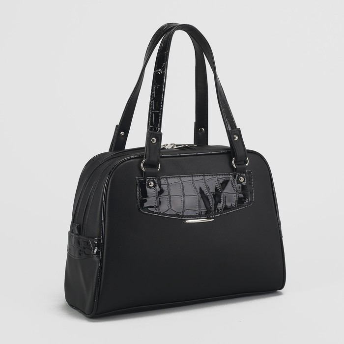 Сумка женская, 2 отдела на молниях, наружный карман, регулируемый ремень, крокодил чёрный