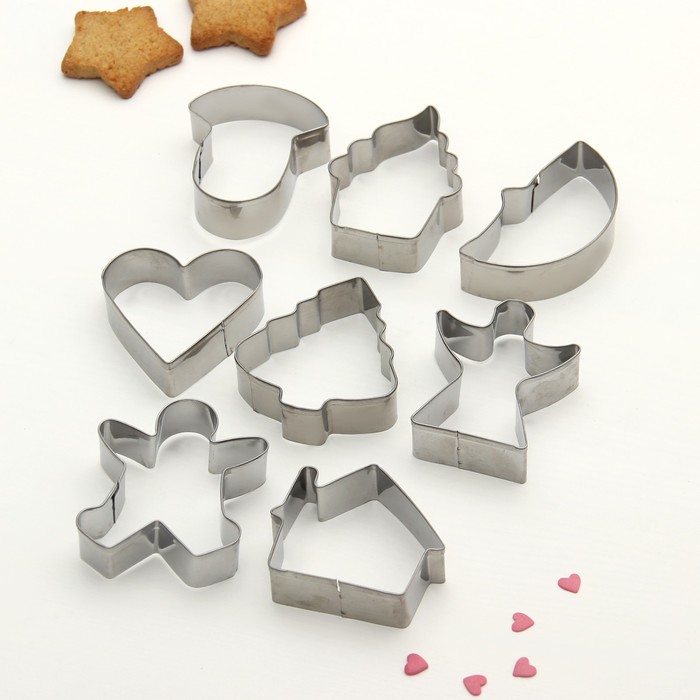 Набор форм для вырезания печенья 14x14 см "Гриб, ель, капкейк, дом, ангел, сердце", 8 шт