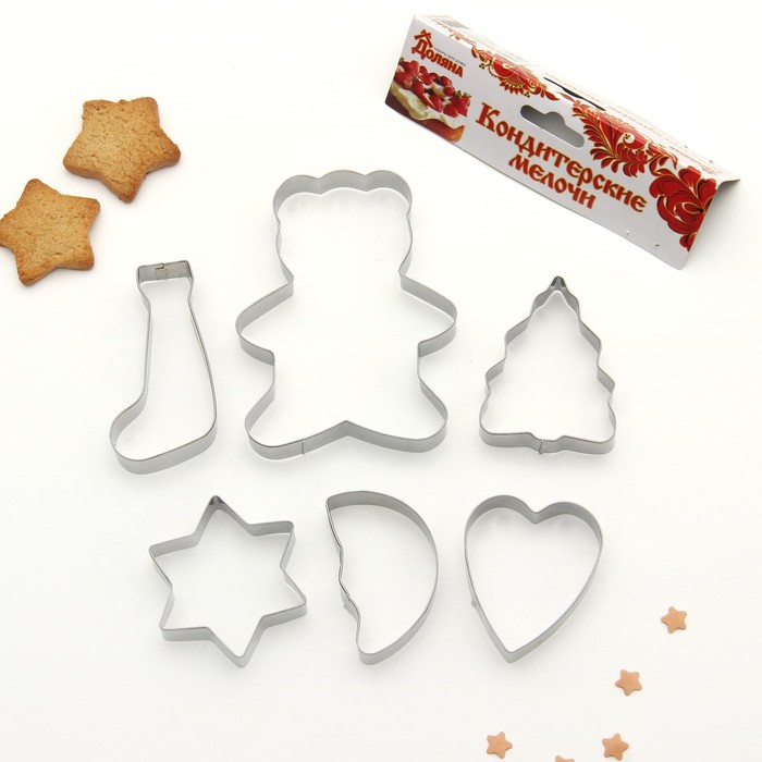 Набор форм для вырезания печенья 19х13 см "Мишка, сердце, месяц, ель, носок", 6 шт
