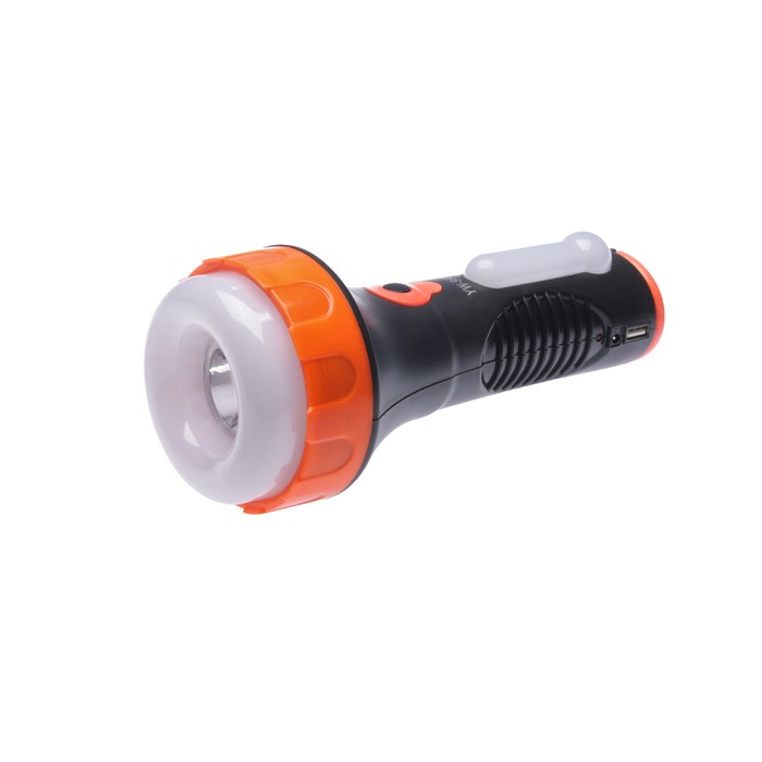 Фонарик 220 В, 1+1+1 диодов, 3 режима, вход д/USB, б/проводов, чёрно-оранжевый, 6х15.5 см