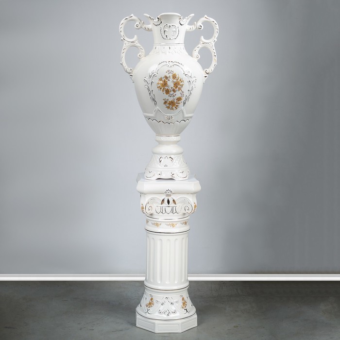 Ваза напольная "Топаз"  колоне, белая, деколь