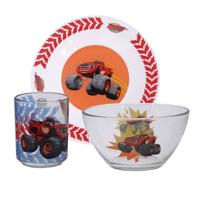 Набор посуды "Вспыш и чудо-машинки", 3 предмета: кружка 250 мл, тарелка 19,5 см, салатник 250 мл 13 см, подарочная упаковка