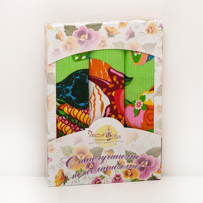 Набор полотенец DomoVita Настроение, цвет зелёный МИКС вафля 45х60 см, 3 шт в коробке