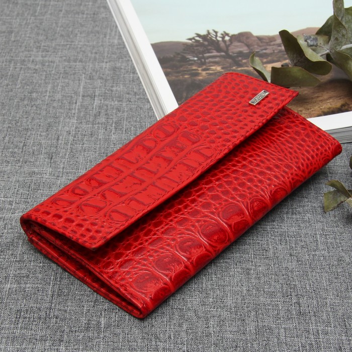 Кошелёк женский, 3 отдела, наружный карман, кайман, цвет красный