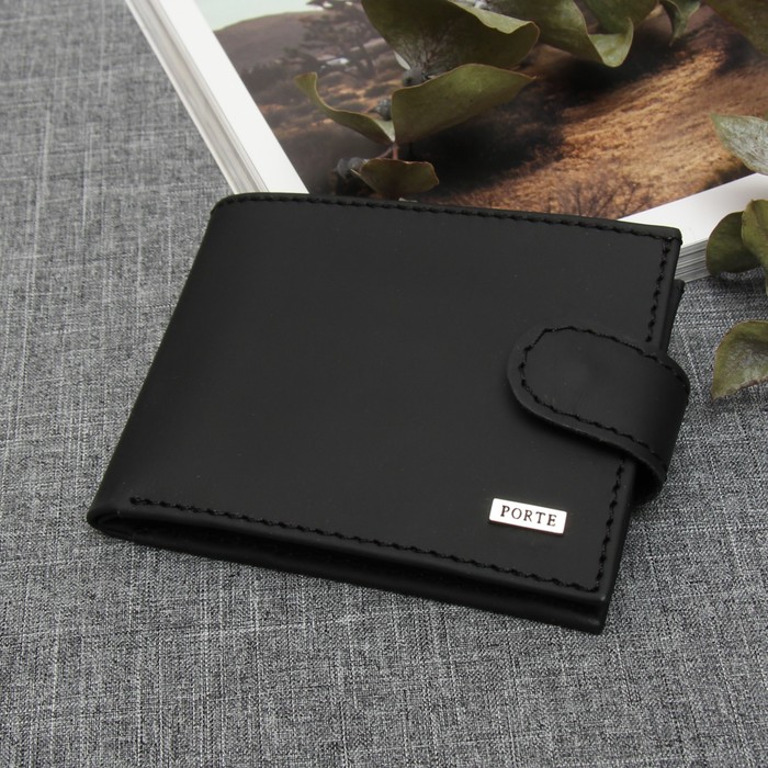 Кошелёк мужской, 2 отдела, для карт, монет, с хлястиком, наппа, цвет чёрный