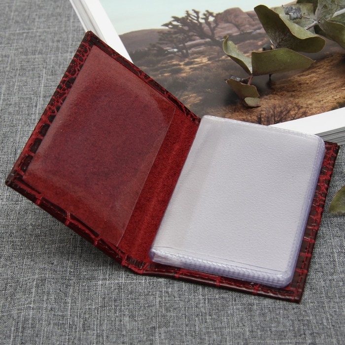 Визитница вертикальная, 1 ряд, 18 карт, крокодил, цвет винный