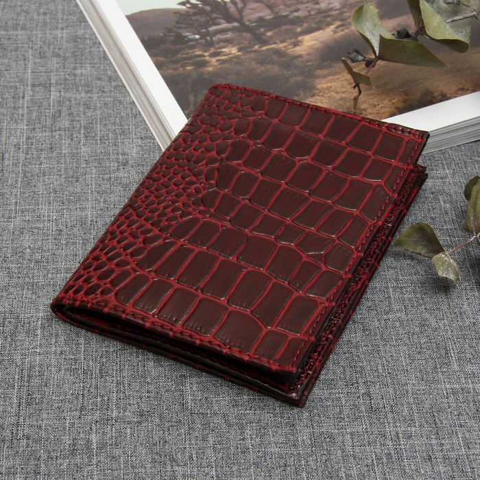 Обложка для автодокументов и паспорта, крокодил, цвет винный