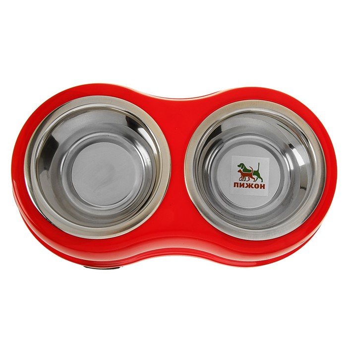 Подставка на нескользящих ножках с 2 металлическими мисками, 2 х 400 мл, красная