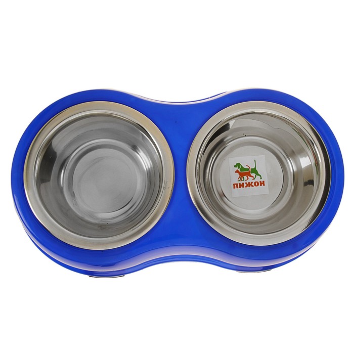 Подставка на нескользящих ножках с 2 металлическими мисками, 2 х 400 мл, синяя