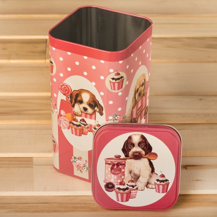 Банка для сыпучих продуктов 1,4 л "Щенки розовые" прямоугольная, 9х9 см, высота 17,5 см