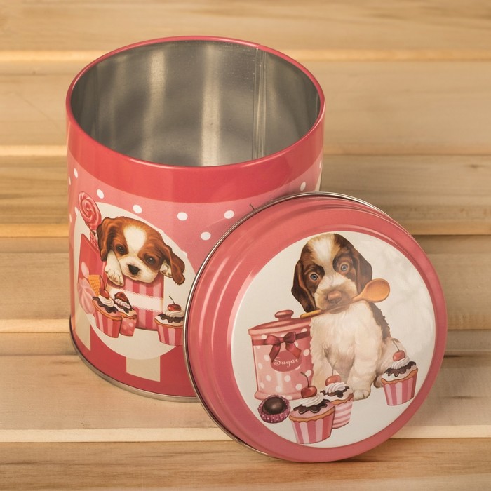 Банка для сыпучих продуктов 800 мл "Щенки розовые" круглая, d=9,9 см, высота 11 см