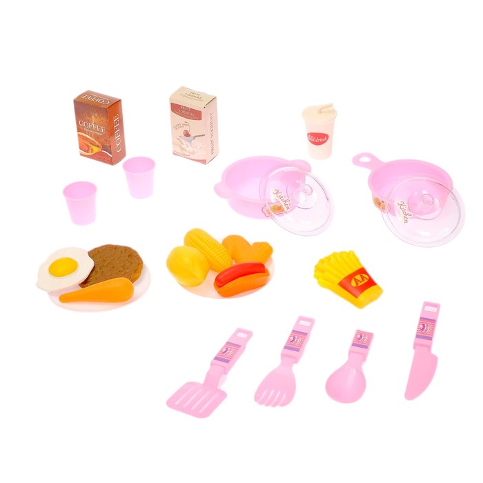 Игровой набор тележка на колёсах "Играем в кухню" с аксессуарами, льётся вода из крана