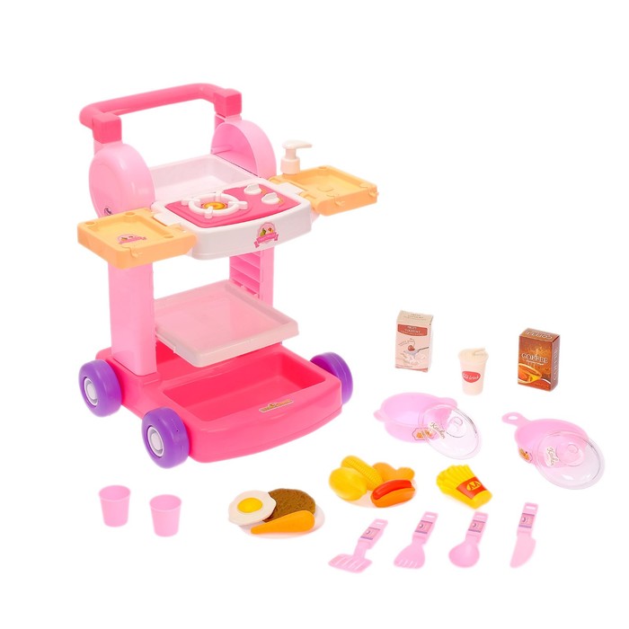 Игровой набор тележка на колёсах "Играем в кухню" с аксессуарами, льётся вода из крана