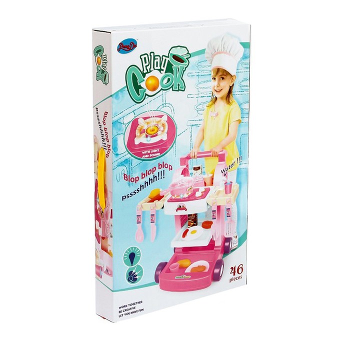 Игровой набор тележка на колёсах "Играем в кухню" с аксессуарами, льётся вода из крана