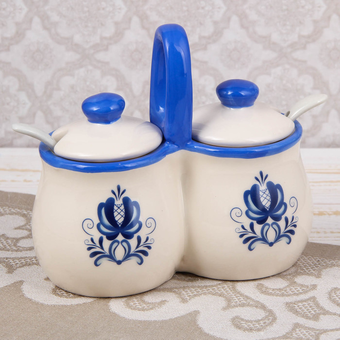 Банка для сыпучих "Гжель", 2 секции, 2 ложки "Гжель"