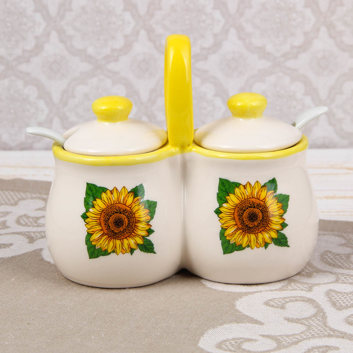 Банка для сыпучих "Подсолнухи", 2 секции, 2 ложки