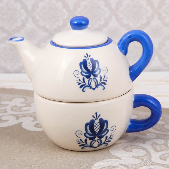 Набор чайный "Гжель", 2 предмета: чайник 420 мл, чашка 350 мл