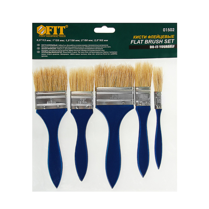 Набор кистей FIT, 5 шт, натуральная щетина, ручка дерево, 1/2", 1", 1.5", 2", 2.5"
