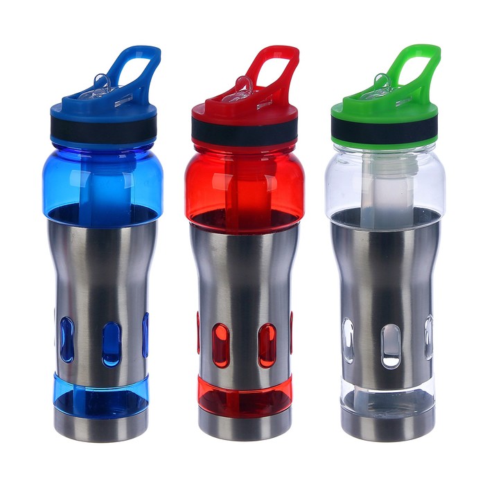 Бутылка для воды 500 мл, вставки из металла, крышка с ручкой и трубкой, микс, 7х24 см