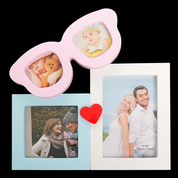 Фоторамка пластик на 4 фото 6х6, 9х9, 10х15 см "Розовые очки" 28х27 см