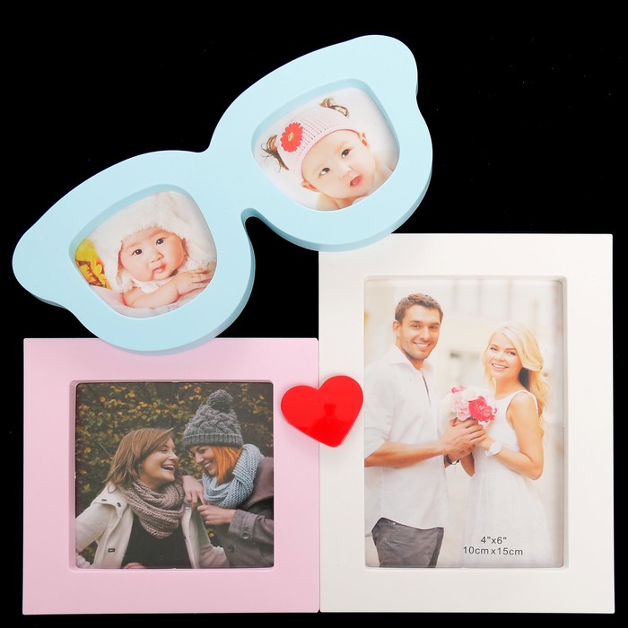 Фоторамка пластик на 4 фото 6х6, 9х9, 10х15 см "Голубые очки" 28х27 см