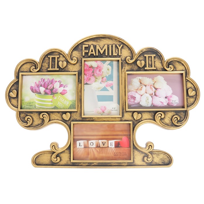 Фоторамка пластик на 4 фото 10х15 см "Семейное дерево" тёмное золото 35х49,5 см