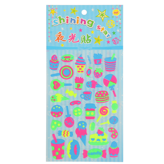 Наклейка пластик фосфорная с блестками "Продукты" МИКС 23,5х11,5 см