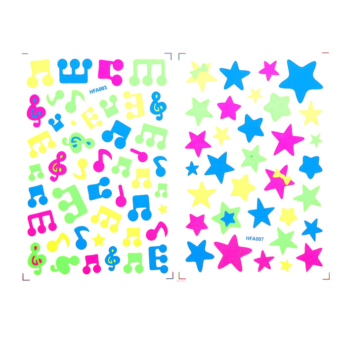 Наклейка пластик фосфорная с блестками "Звёзды/Музыка" МИКС 23,5х11,5 см