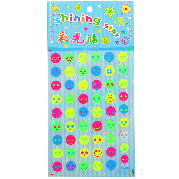 Наклейка пластик фосфорная с блестками "Смайлы" МИКС 23,5х11,5 см