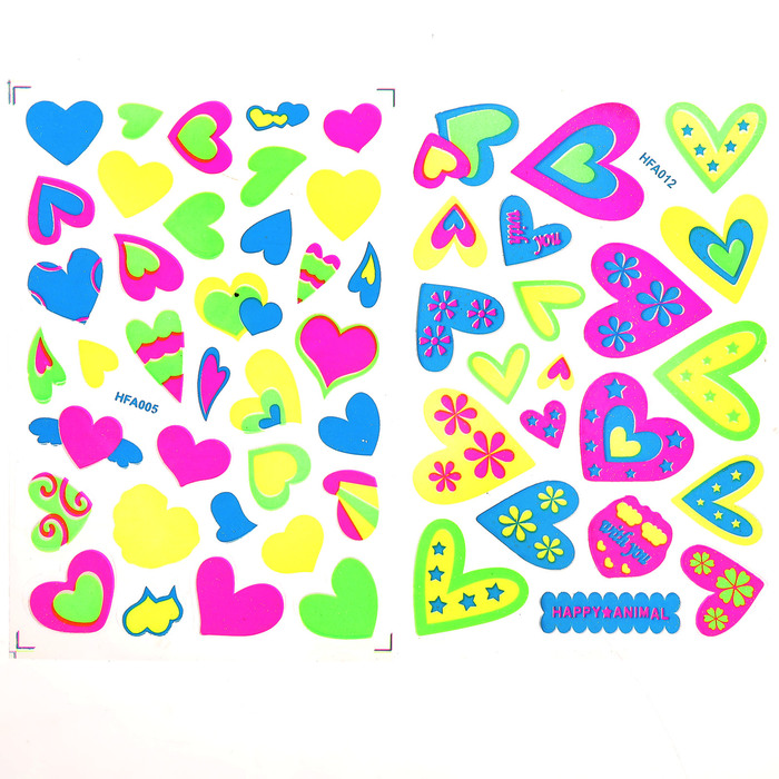 Наклейка пластик фосфорная с блестками "Сердца" МИКС 23,5х11,5 см