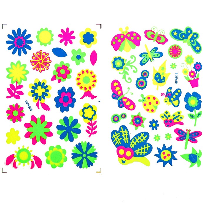 Наклейка пластик фосфорная с блестками "Цветы и букашки" МИКС 23,5х11,5 см