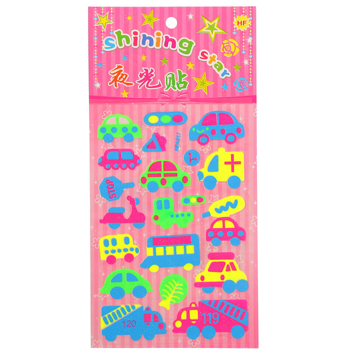 Наклейка пластик фосфорная с блестками "Машинки/Домики" МИКС 23,5х11,5 см