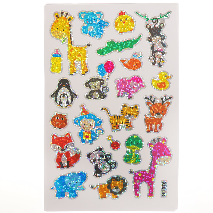 Наклейка пластик голография "Зверята/Фруктики" набор 10 листов МИКС 15х9,5 см