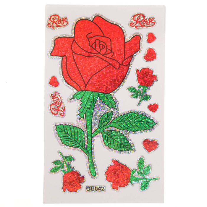 Наклейка пластик голография "Крупные розы" набор 10 листов МИКС 15х9,5 см