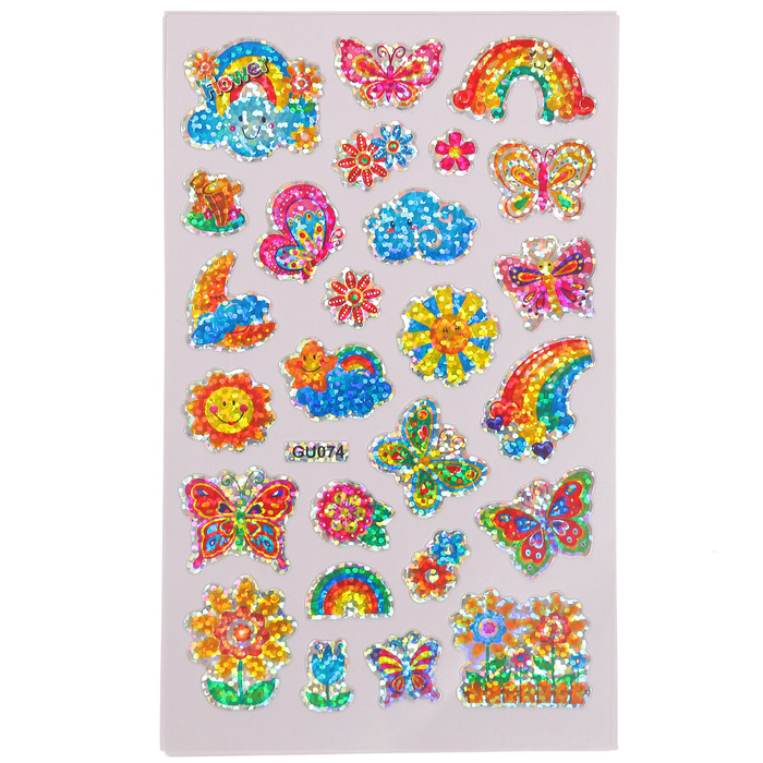 Наклейка пластик голография "Цветочки" набор 10 листов МИКС 15х9,5 см