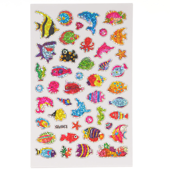 Наклейка пластик голография "Рыбки" набор 10 листов МИКС 15х9,5 см