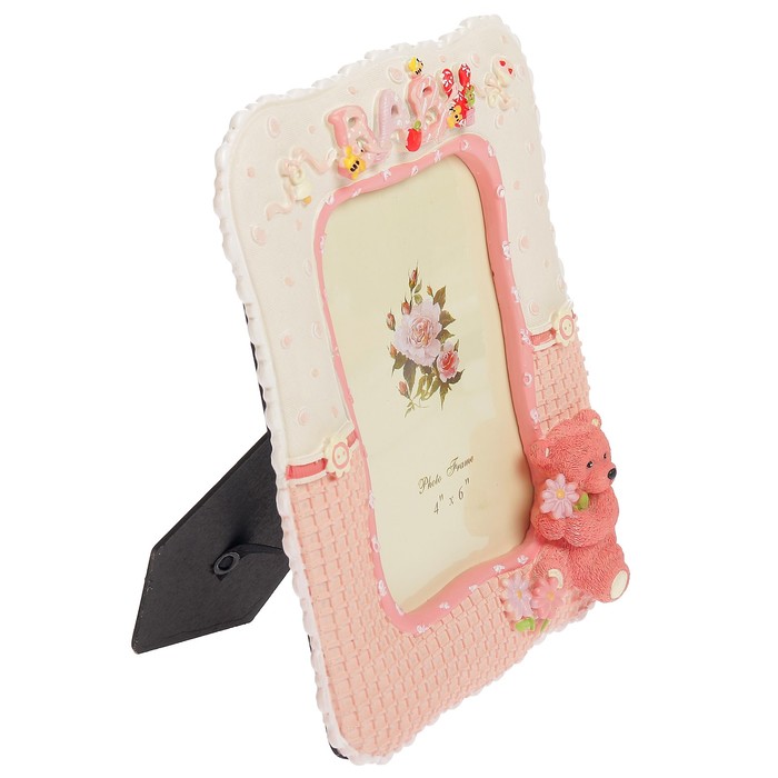 Фоторамка полистоун 10х15 см "Малыш. Медвежонок с ромашками" розовая 22х18 см
