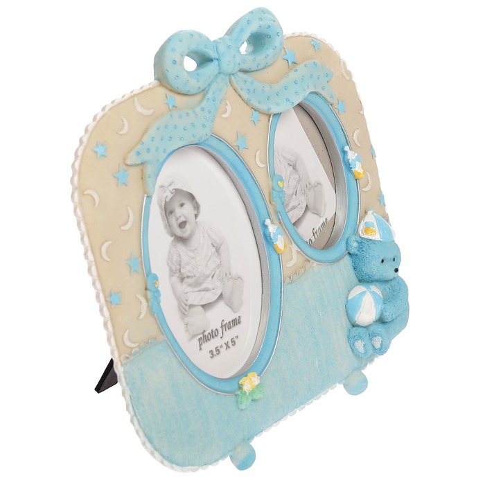 Фоторамка полистоун на 2 фото 7х9, 9х13 см "Детская. Малыш с мячиком" голубая 21,5х22 см