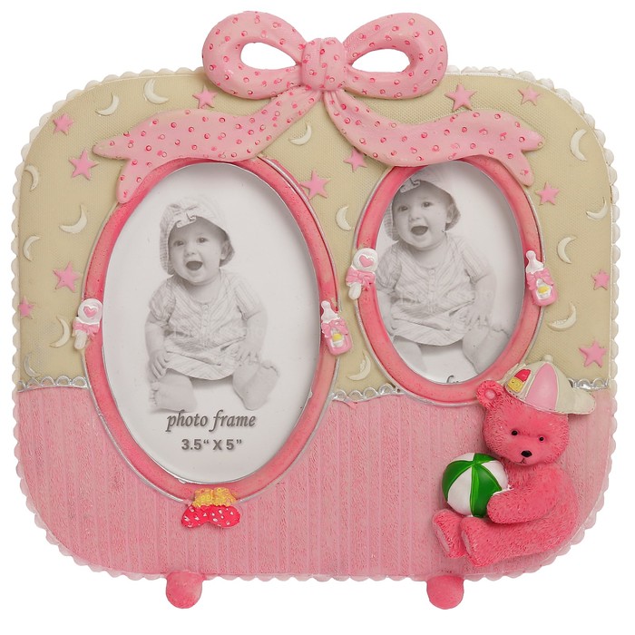 Фоторамка полистоун на 2 фото 7х9, 9х13 см "Детская. Малыш с мячиком" розовая 21,5х22 см