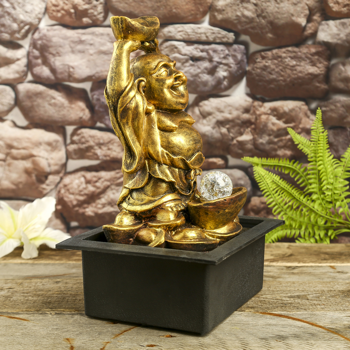 Фонтан полистоун "Хотей со слитком золота" 35х25х20 см