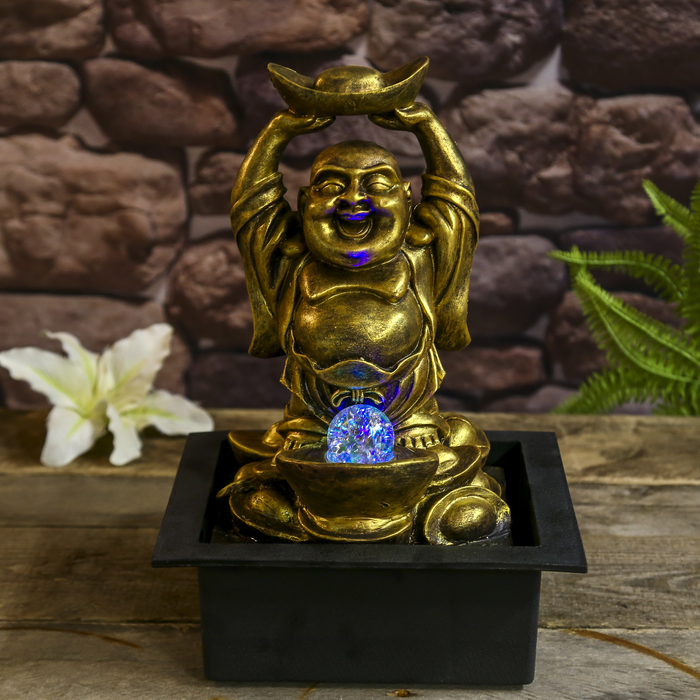 Фонтан полистоун "Хотей со слитком золота" 35х25х20 см