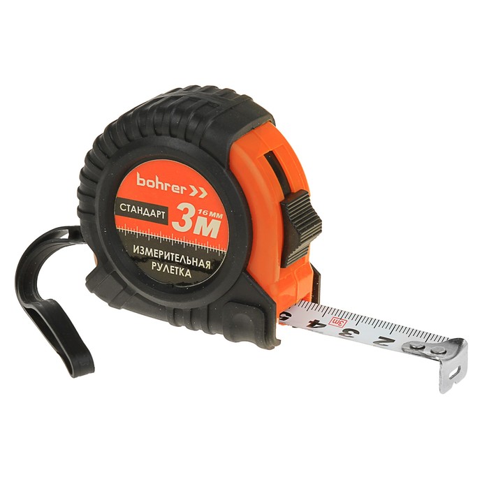 Рулетка Bohrer "Стандарт", 3 м × 16 мм, с фиксатором, обрезиненный корпус