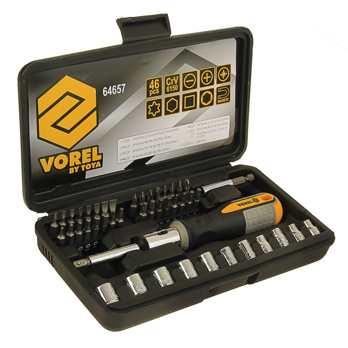 Отвёртка с набором бит и головок VOREL, 1/4", магнитная