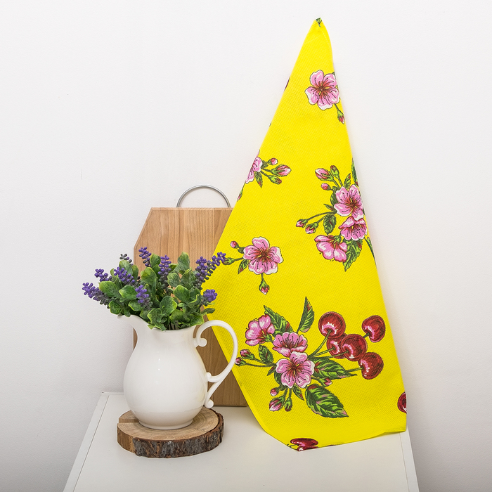 Полотенце вафельное набивное "Вишни", желтый 40х70 см 160 гр/м хлопок