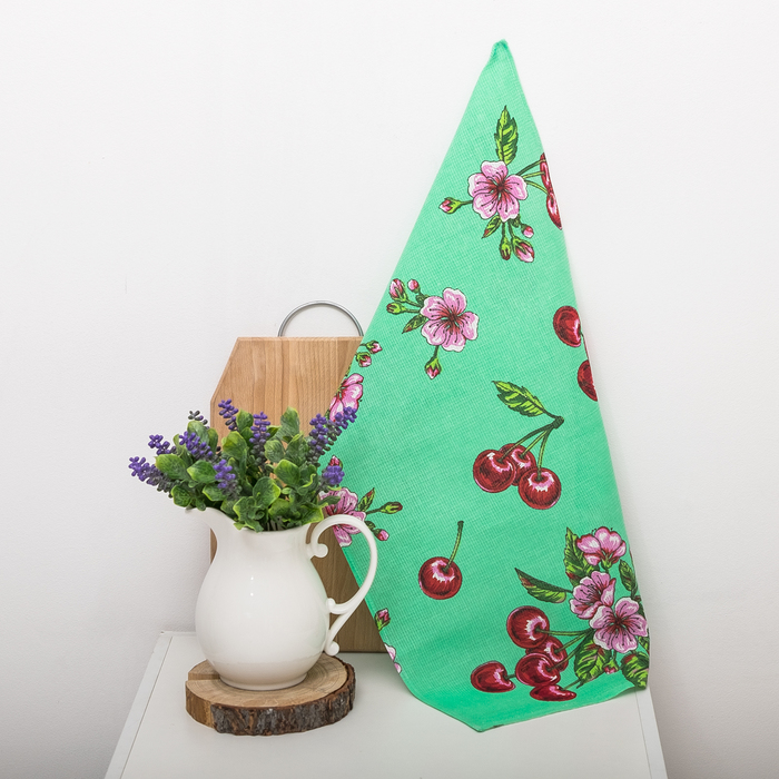 Полотенце вафельное набивное "Вишни", зеленый 40х70 см 160 гр/м хлопок