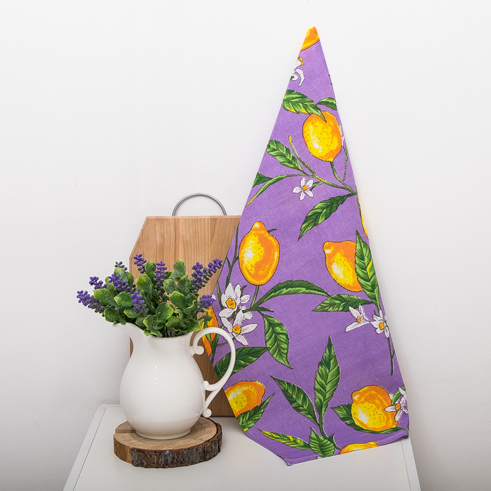 Полотенце вафельное набивное "Лимон", сирень 40х70 см 160 гр/м хлопок